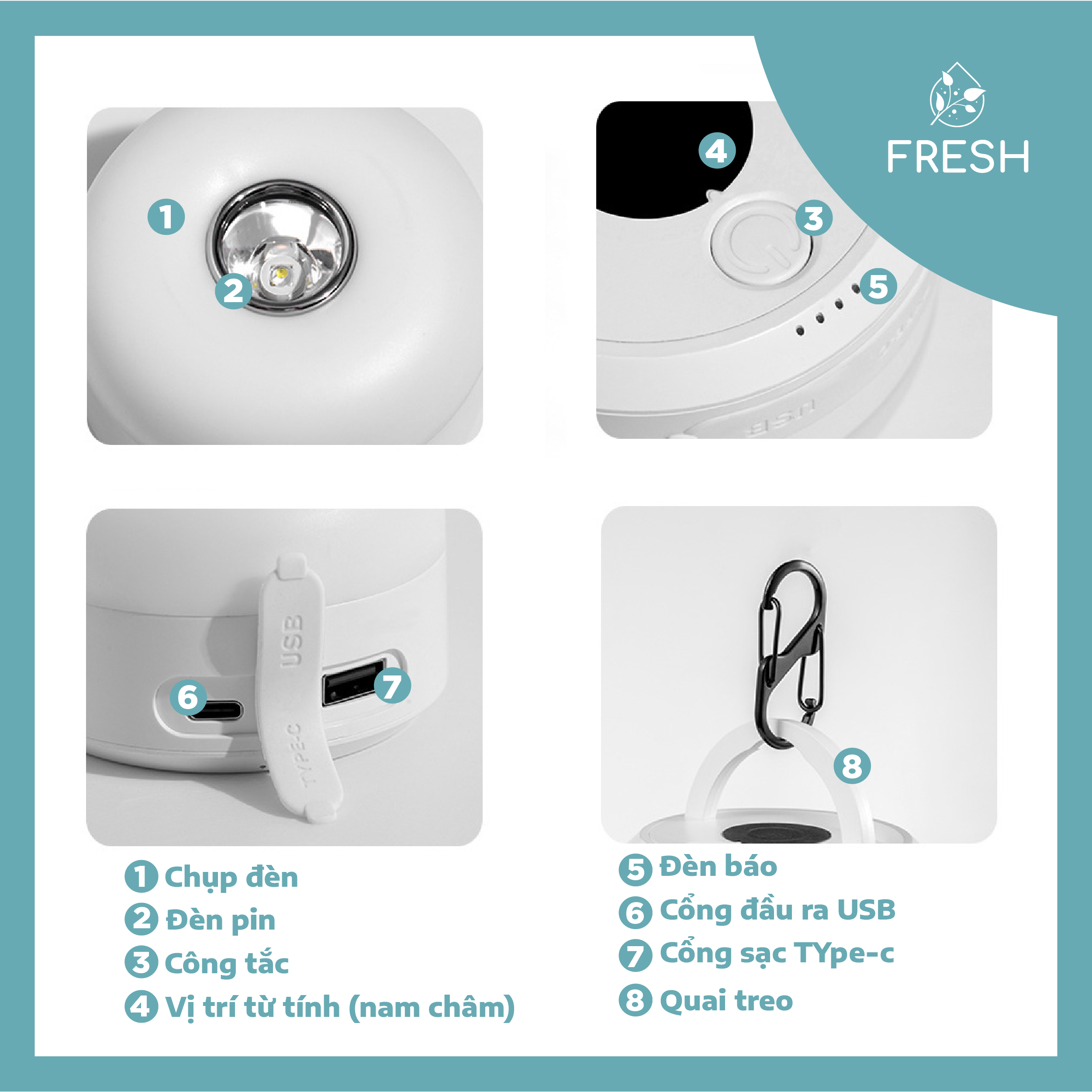 Đèn Cắm Trại Dã Ngoại Không Dây Đèn Led Cầm Tay Sạc USB Thích Hợp Đi Dã Ngoại Du Lịch - FRESH