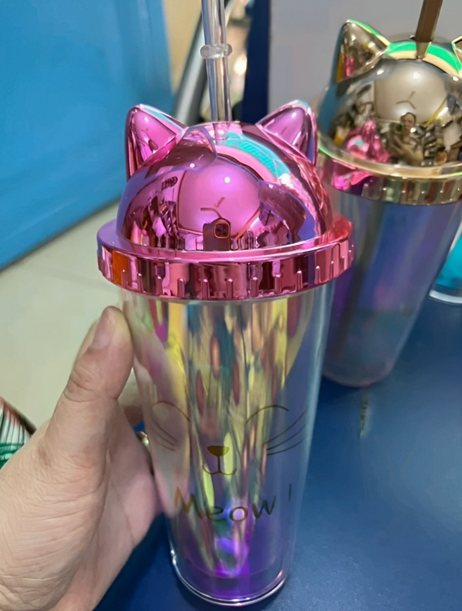 Bình Đựng Nước Hai Lớp Tai Mèo Lấp Lánh 380Ml Kèm Ống Hút