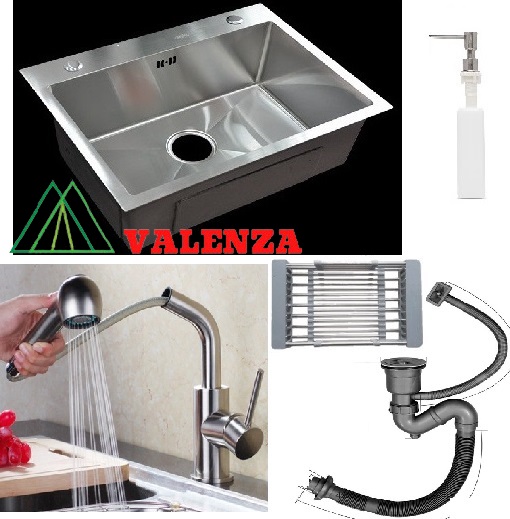 Combo chậu rửa bát 1 hố inox sus304 Valenza 6045, vòi rửa bát dây rút 02, xả chậu, rổ, bình xà phòng