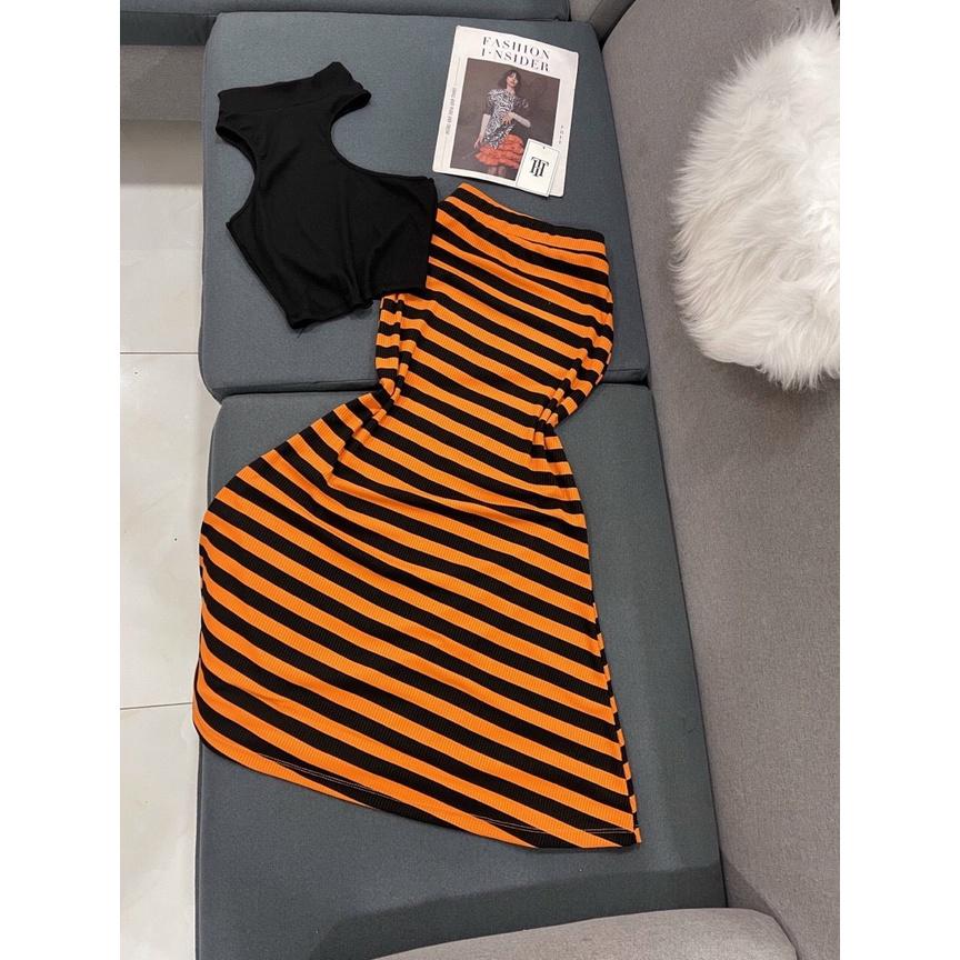 SET ĐỒ NỮ ĐI CHƠI, SET 2 MÓN ÁO KIỂU CROPTOP PHỐI CHÂN VÁY SỌC NGANG ĐUÔI CÁ CỰC SEXY - xanh lá