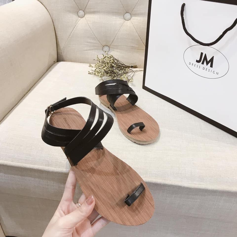 Dép nữ sandal đế nâu xỏ ngón 3 quai chéo dây cổ chân mẫu mới hottrend