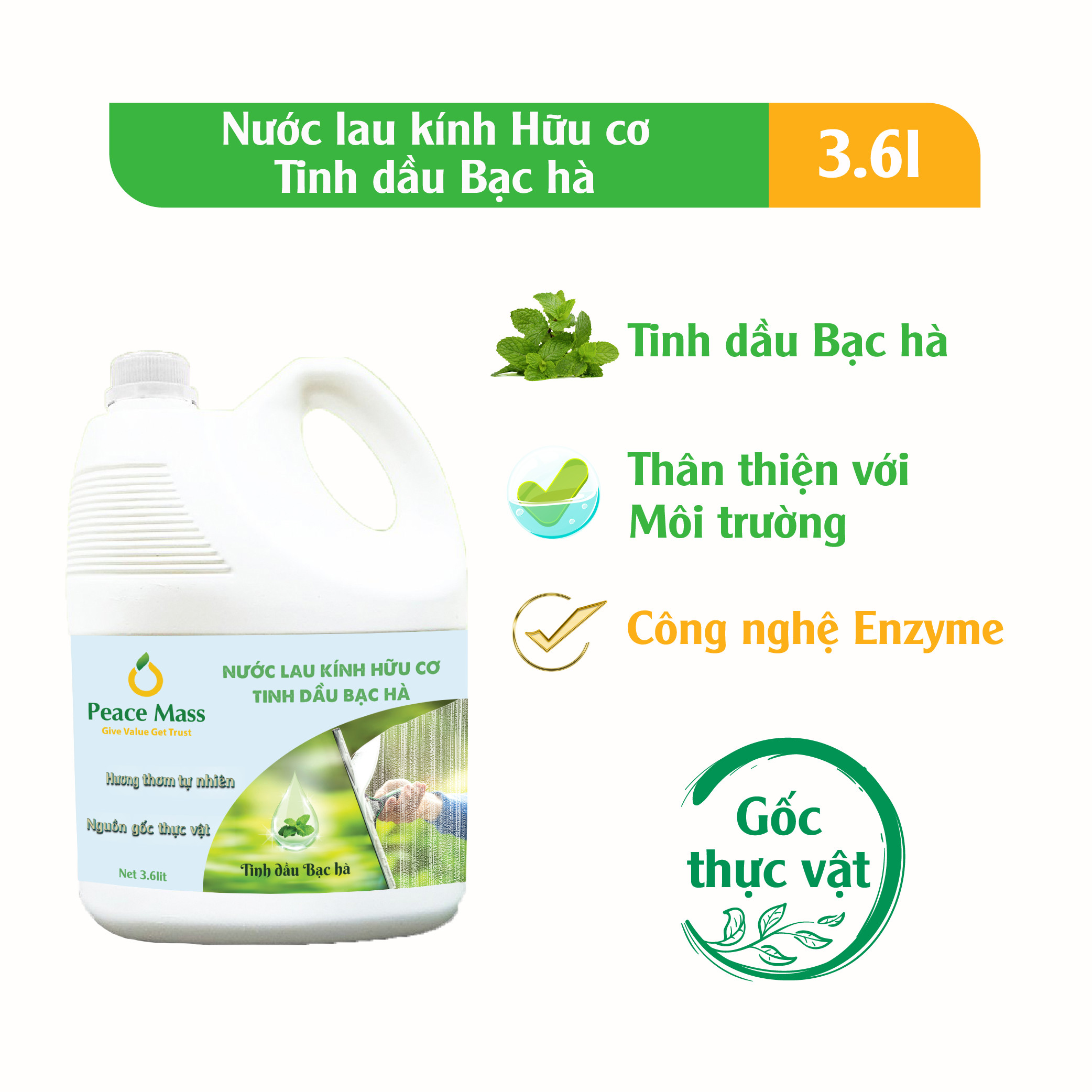 Nước Lau Kính Gốc Thực Vật Tinh dầu Bạc hà Peace Mass Can 3.6 Lít