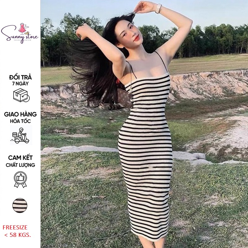 ĐẦM BODY HAI DÂY KẺ SỌC CHẤT GÂN CO GIÃN