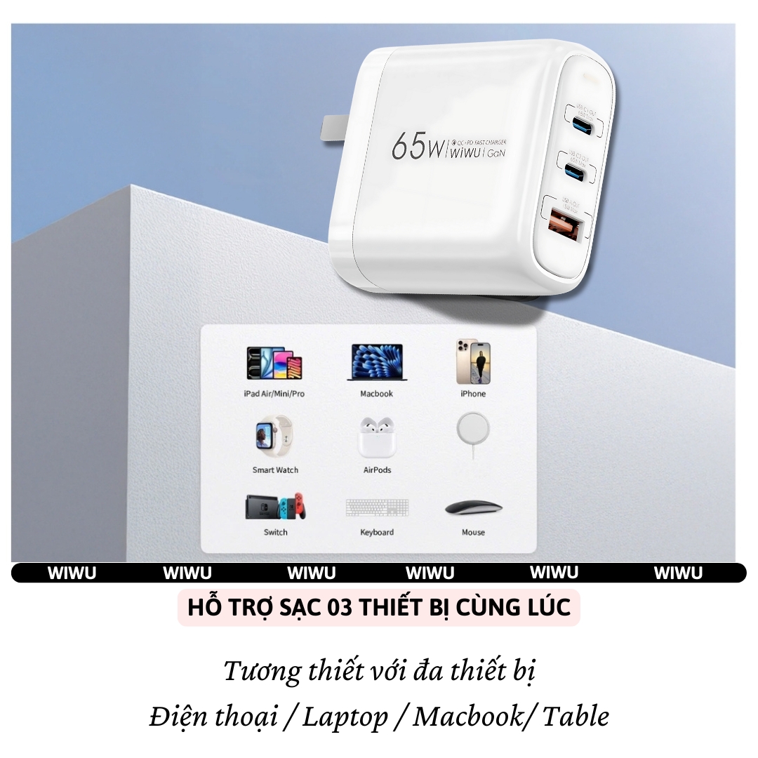 Adapter cóc củ sạc nhanh 65W 2 PD 3.0 USB C + USB-A QC3.0 hiệu WIWU ARK - PPS chống cháy, Chip AI điều chỉnh dòng sạc  cho iPhone iPad Oppo Samsung cho Macbook, Laptop - Hàng nhập khẩu