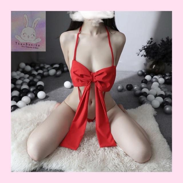 Bộ cosplay món quà TẾT/NOEL nơ đỏ đen cực SEXY GIAO HOẢ TỐC HCM