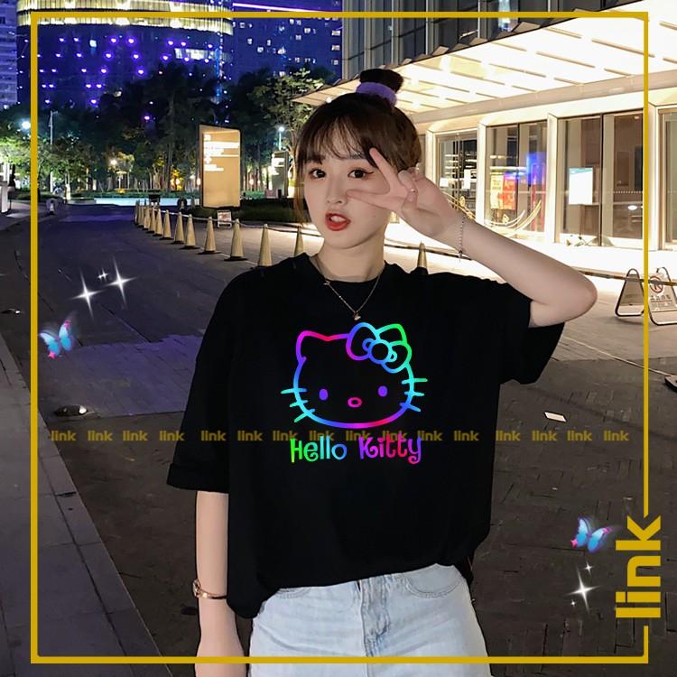 Áo HELLO KITTY cute phản quang 7 màu tay lỡ unisex ( Đen, Trắng )