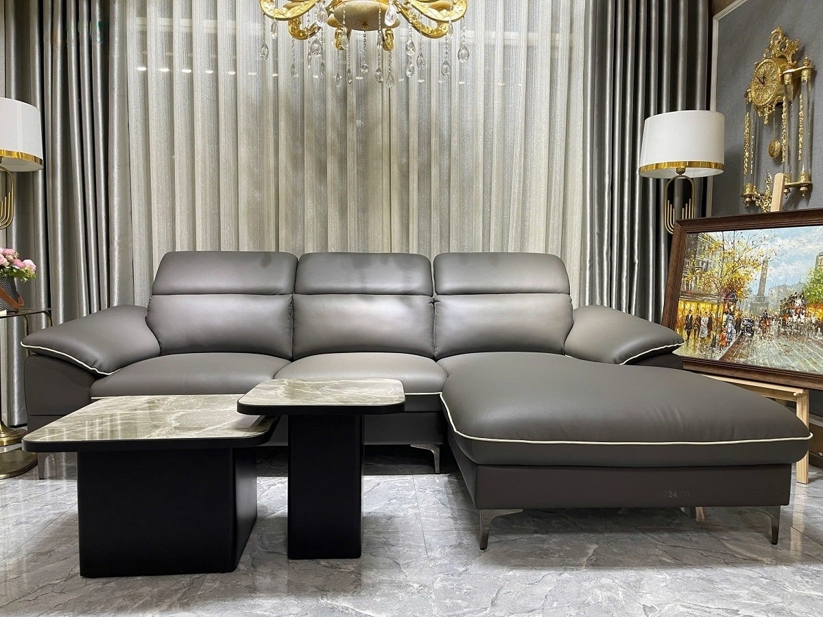 Sofa góc L da bò Italy Juno sofa màu xám – SFLCT04 2m6 x 1m6 hàng cao cấp chuẩn da bò nhập khẩu Ý