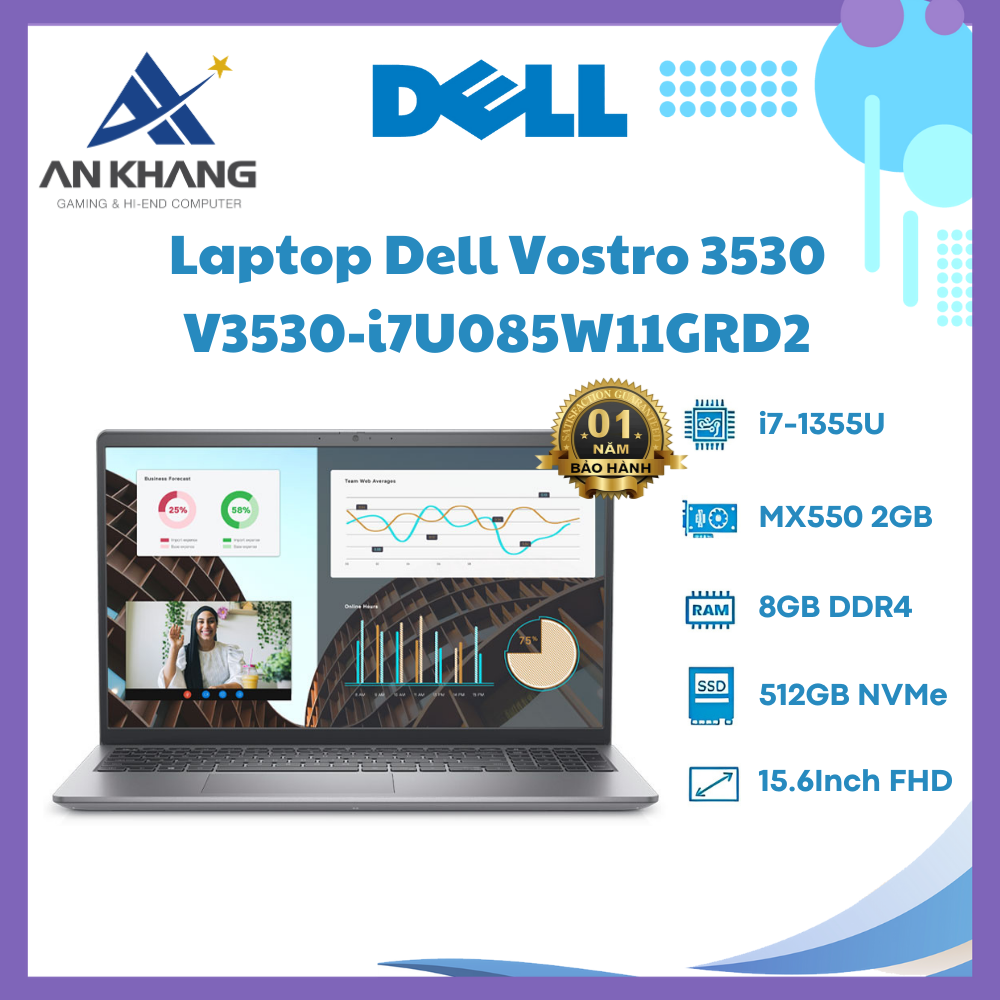 Laptop Dell Vostro 3530 (V3530-i7U085W11GRD2) (Intel Core i7-1355U | 8GB | 512GB | NVIDIA MX550 2GB | 15.6 inch FHD | Win 11 | Office | Xám Đen) - Hàng Chính Hãng - Bảo Hành 12 Tháng Tại Dell Việt Nam