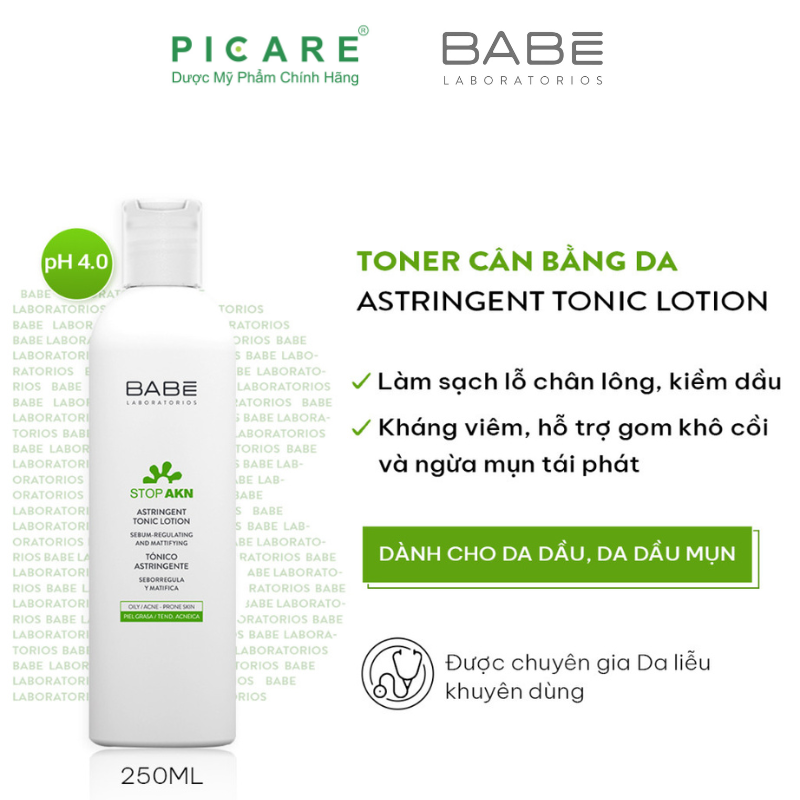 Toner Cân Bằng Dầu Nhờn, Hỗ Trợ Giảm Mụn, Se Khít Lỗ Chân Lông Babe Stop Akn Astringent Tonic Lotion 250ml