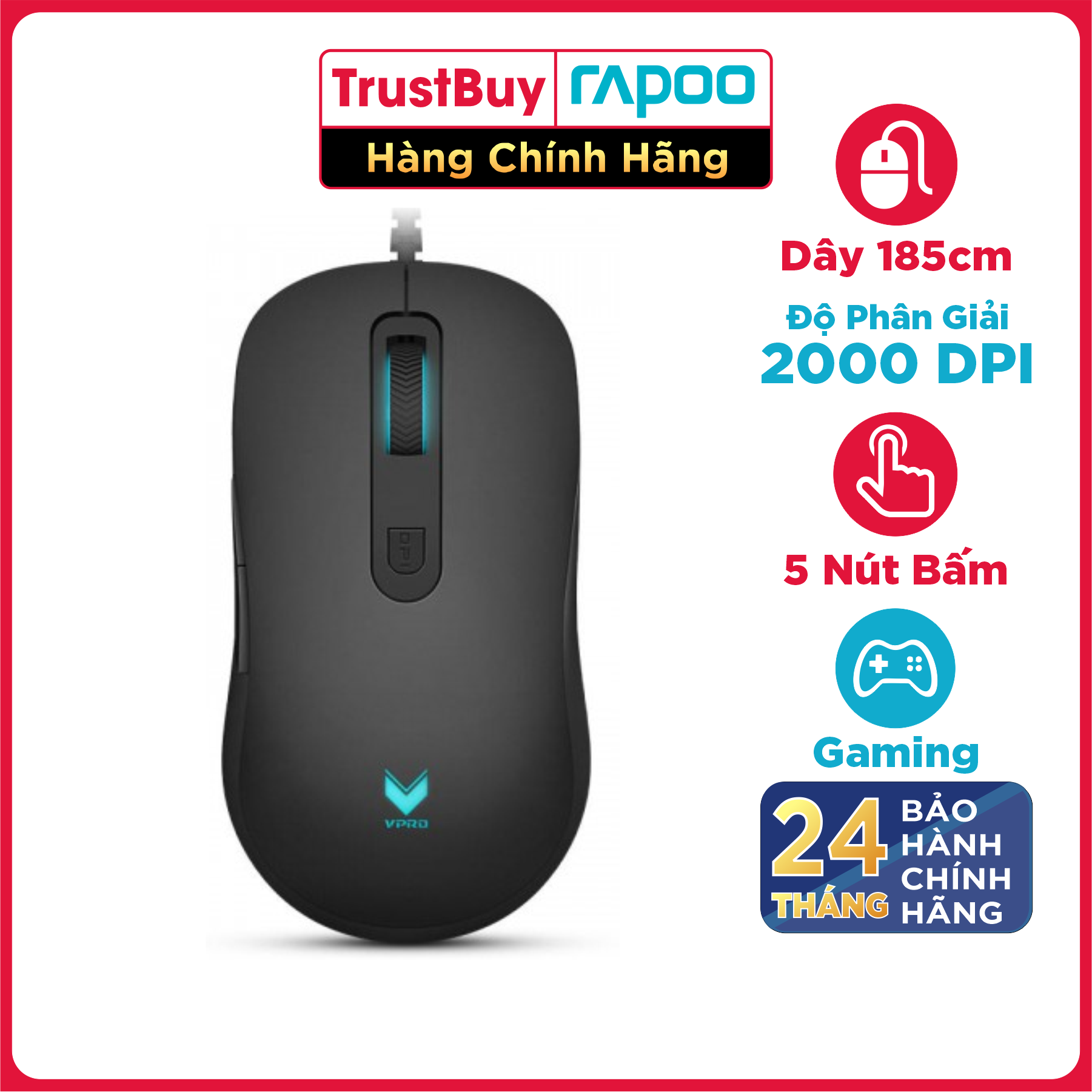 Chuột Gaming Có Dây RAPOO V16S 12800DPI, 6 Mức DPI, Đèn LED RGB, Dây Cắm USB Dài 1.85M - Hàng Chính Hãng