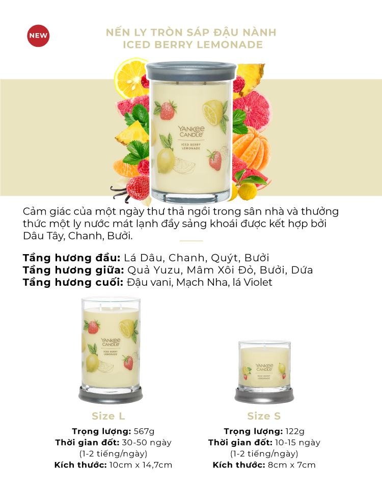 Nến ly tròn sáp đậu nành Yankee Candle size L (567g) - Iced Berry Lemonade