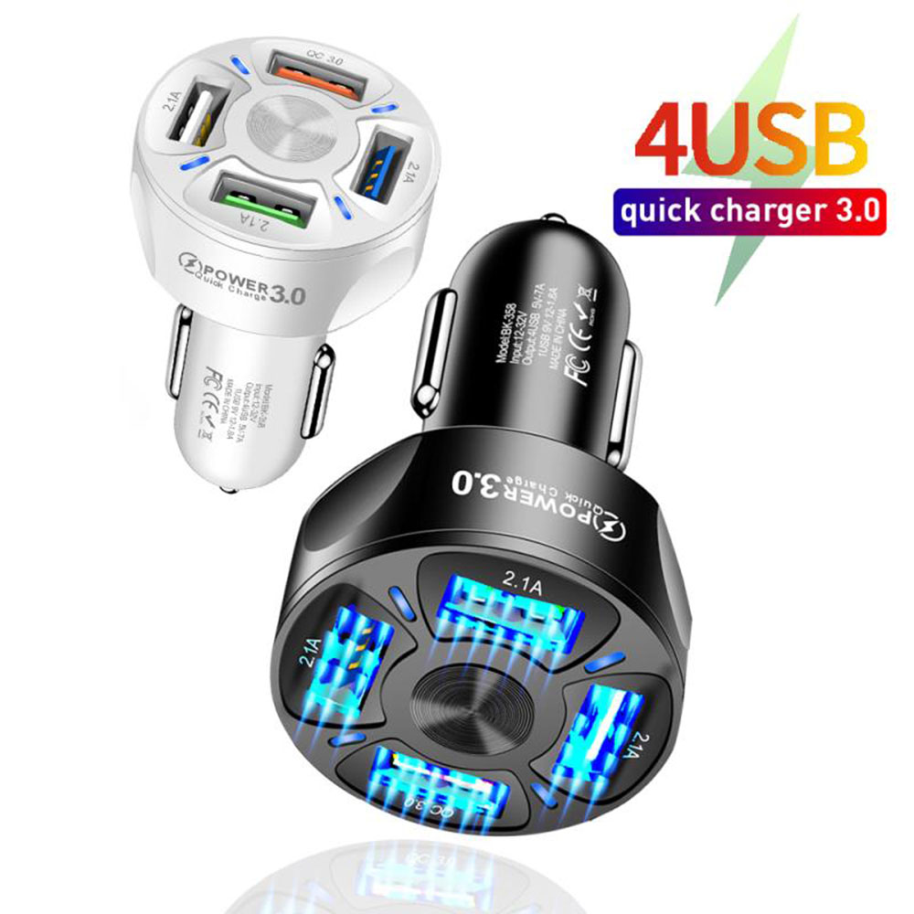 Cốc sạc ô tô, Tẩu sạc nhanh điện thoại tự ngắt thông minh Qualcom 3.0 4 cổng USB 12v-24v mẫu mới cho các xe