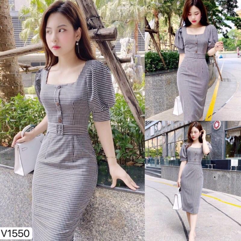 Đầm caro body cổ vuông tay dài phồng S.MLXL