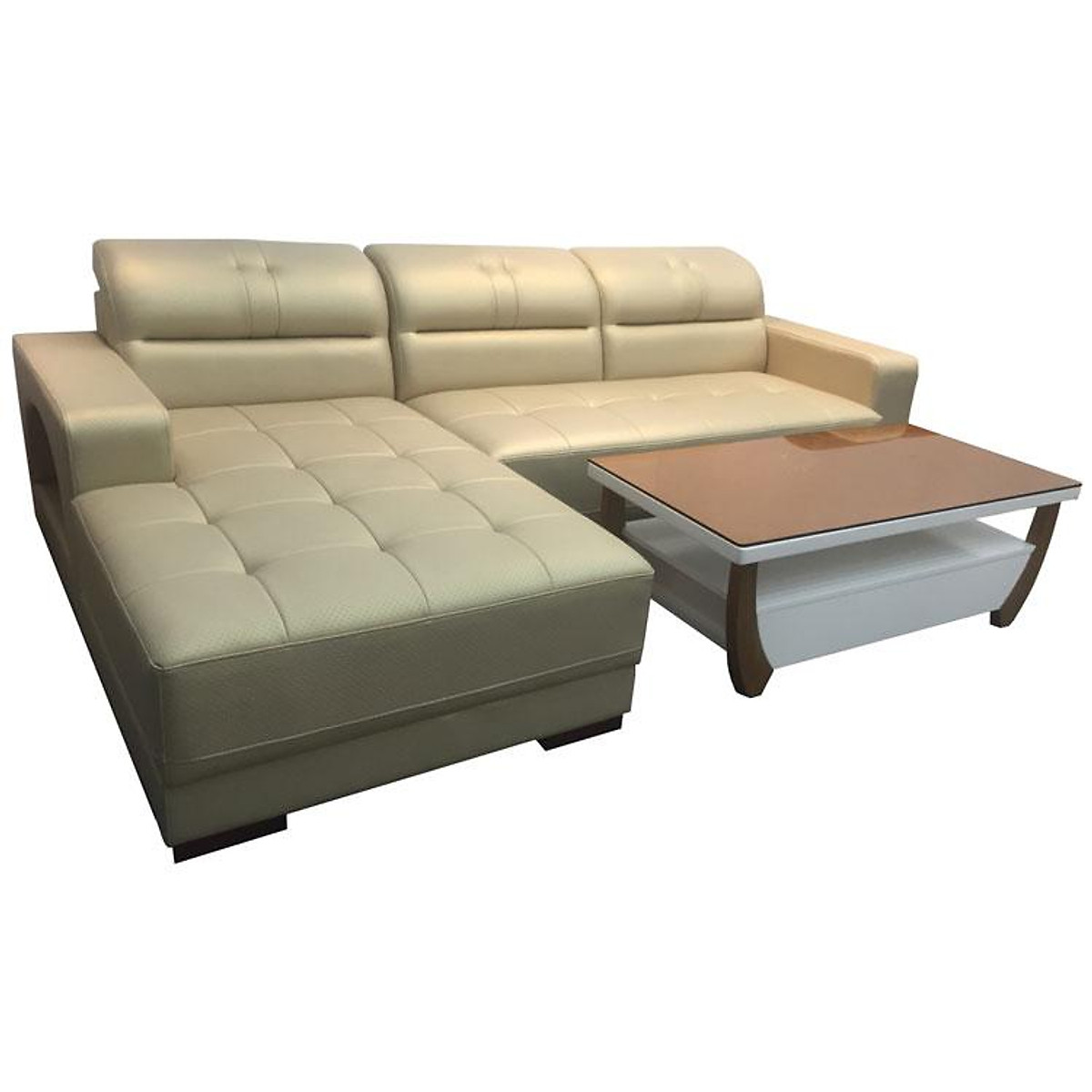 Sofa da góc L Tundo 2m5 x 1m6 tay vuông màu kem có thể chọn màu