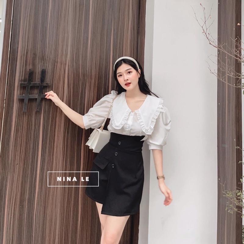 Set áo bèo trắng + chân váy đe vạt lệch siêu cá tính