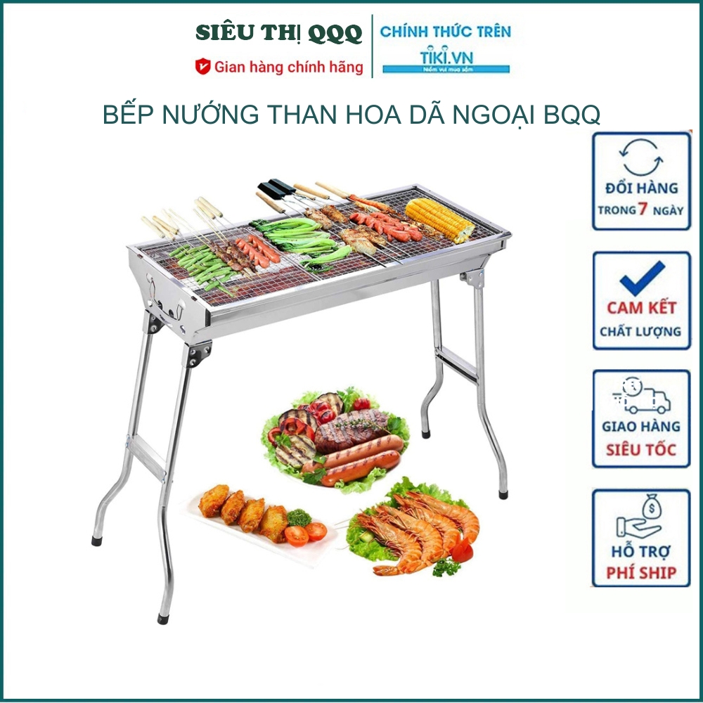 Bếp nướng BBQ ngoài trời dã ngoại nướng than hoa inox có thể gấp gọn chân cao xếp kèm phụ kiện - Hàng chính hãng