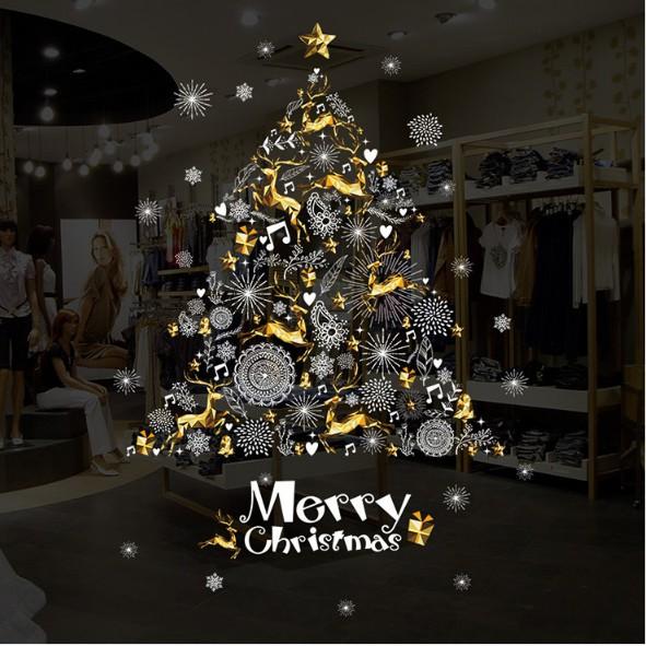 Decal trang trí Noel - Cây Thông Trắng Tuần Lộc Vàng GS010