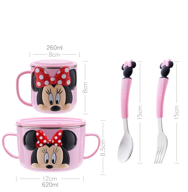 Set ăn uống 4 món tô, ly, muỗng, nĩa inox giữ nhiệt hình chuột Minnie 3D màu hồng cho bé gái - 397VNDM2346