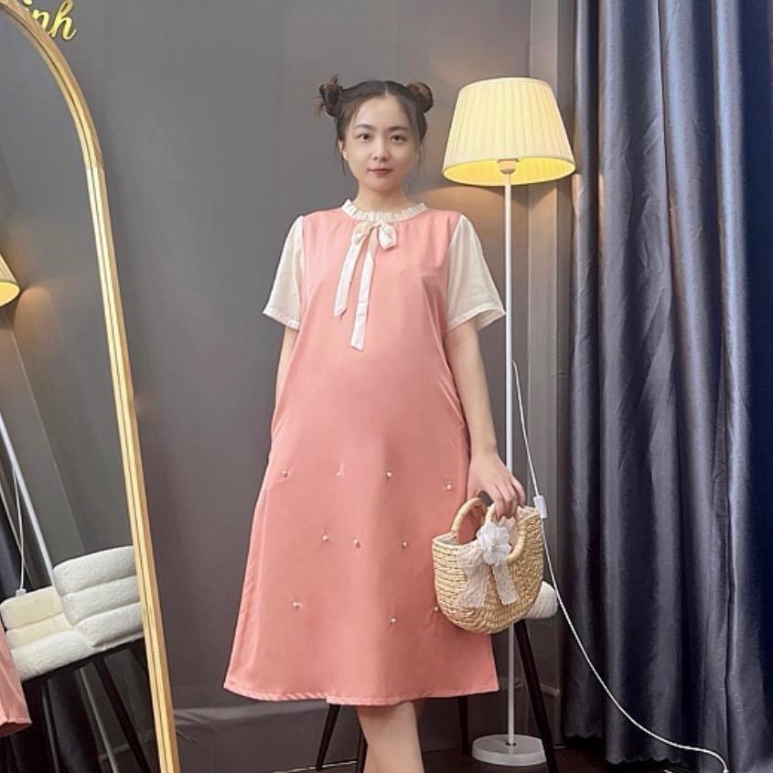Đầm bầu cổ bèo thắt nơ đính hạt phom suông dễ thương gon dáng, mặc đi làm đi chơi - Đen