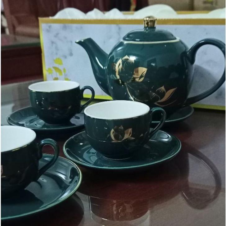 Bộ Ấm Chén Sứ,Bộ Tách Pha Trà Cà Phê Cao Cấp Màu Xanh Cổ Vịt Họa Tiết Hoa Sen Sang Trọng