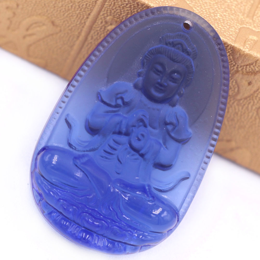 Mặt Phật Đại nhật như lai thuỷ tinh xanh dương 3.6 cm kèm móc và vòng cổ dây cao su đen, Mặt Phật bản mệnh