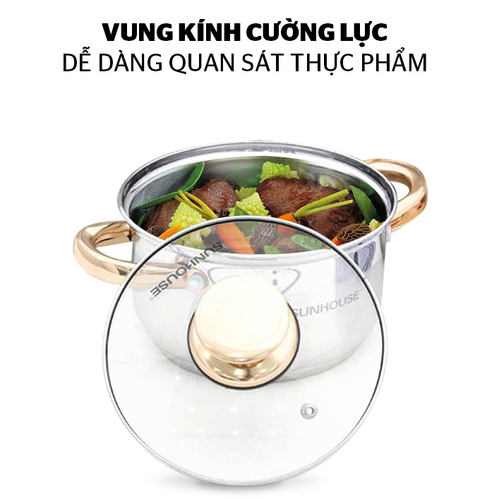 Bộ Nồi 5 Đáy Cao Cấp Núm Vàng Sunhouse SH781 Quay Mạ Vàng Cao Cấp (16cm, 20cm, 24cm) - Dùng Cho Mọi Loại Bếp - Hàng Chính Hãng