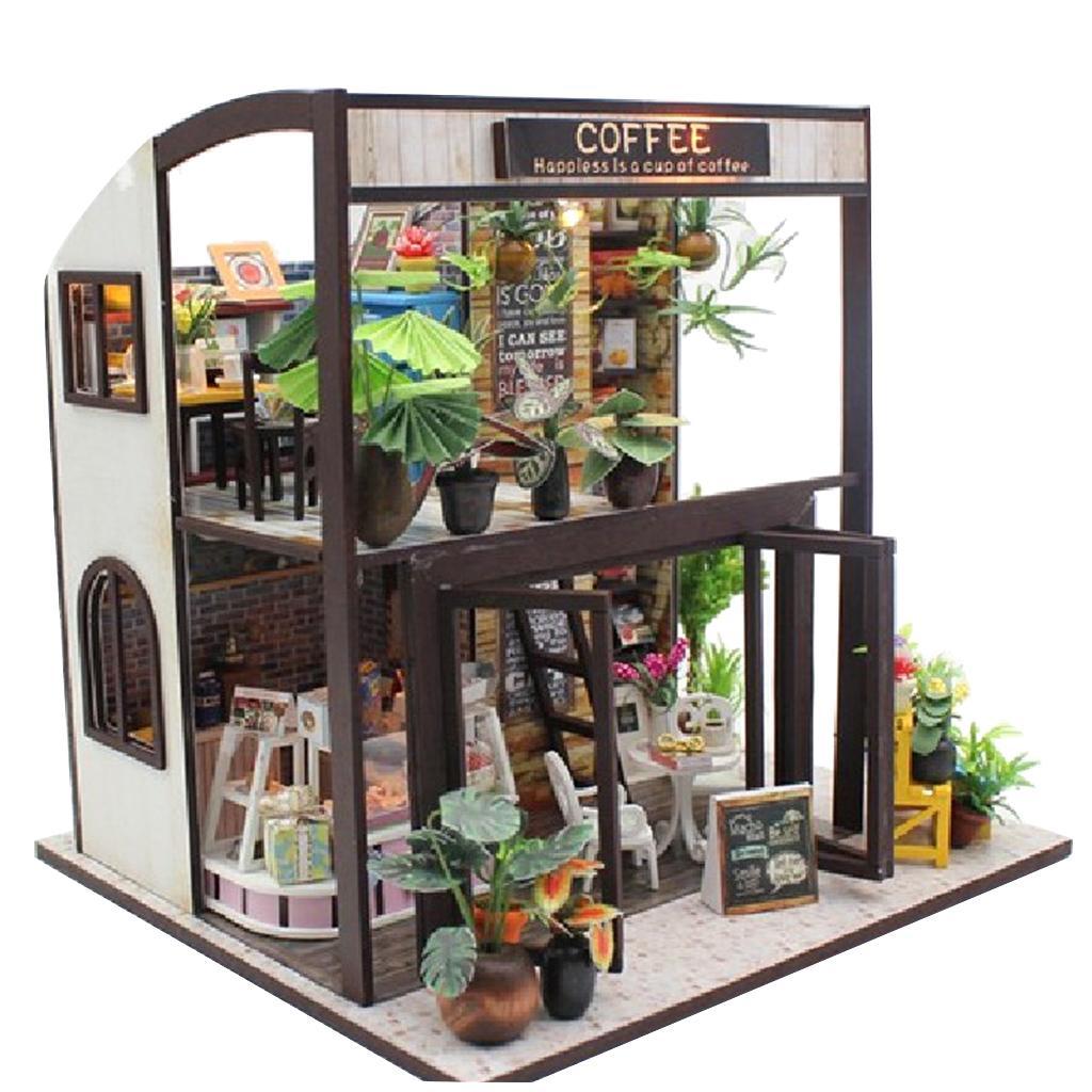 Dollhouse Miniature DIY Kit Toy with Furniture Handcraft Coffee House Gift