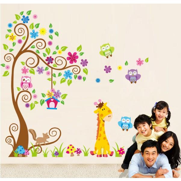 Decal trang trí tường - Cây hoa văn và thú sắc màu 03