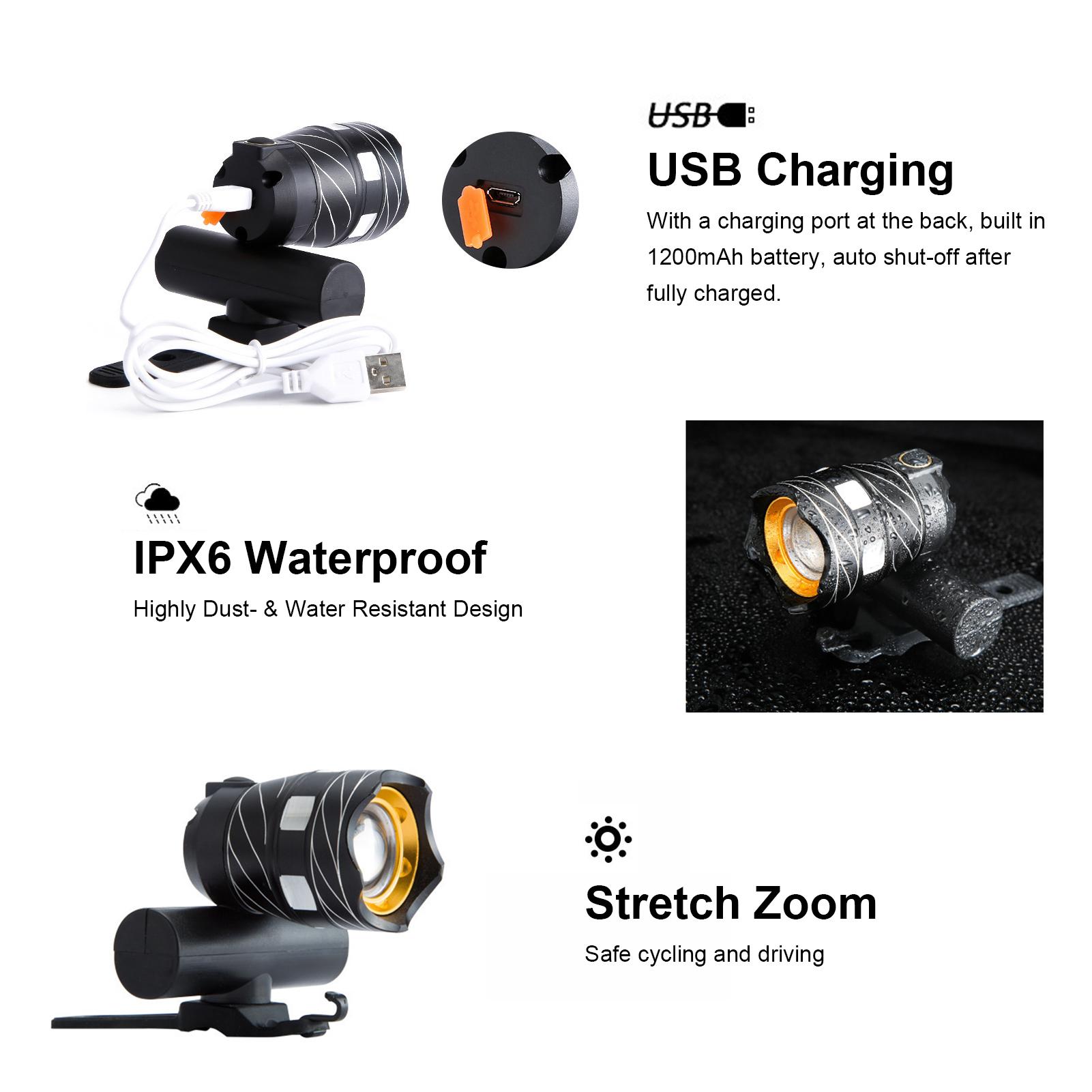 Đèn LED có thể sạc lại cho xe đạp pin 1200mAh, 3 chế độ chiếu sáng, chống nước