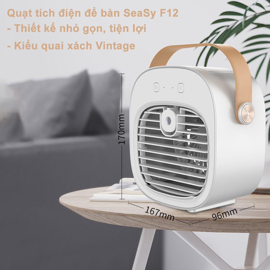 Quạt tích điện để bàn SeaSy F12 với 3 chế độ gió điều hòa không khí, dung lượng pin 4000 mAh nhỏ gọn, có quai xách tiện lợi, thích hợp trang trí, decor - Hàng chính hãng