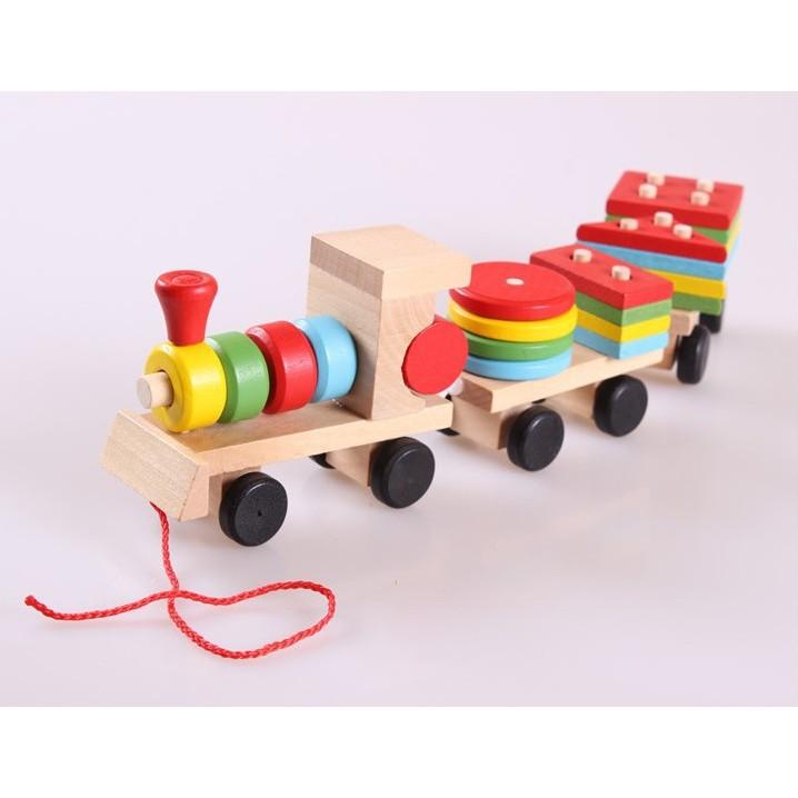 Đoàn tàu chở hình, chở khối bằng gỗ cho bé, giúp bé nhận biết màu sắc hình khối