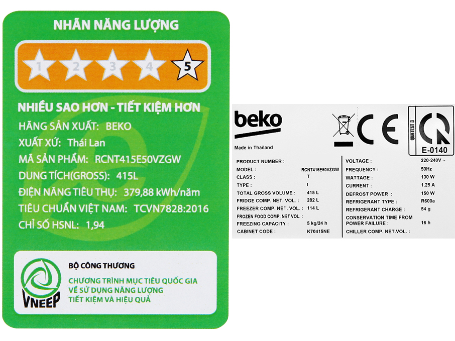 Tủ lạnh Beko Inverter 396 lít RCNT415E50VZGW - HÀNG CHÍNH HÃNG - CHỈ GIAO HCM