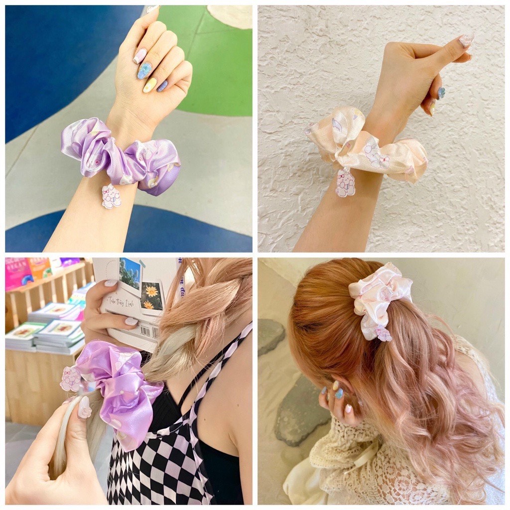 Dây Buộc Tóc Scrunchies lụa kèm charm siêu hot Hàn Quốc