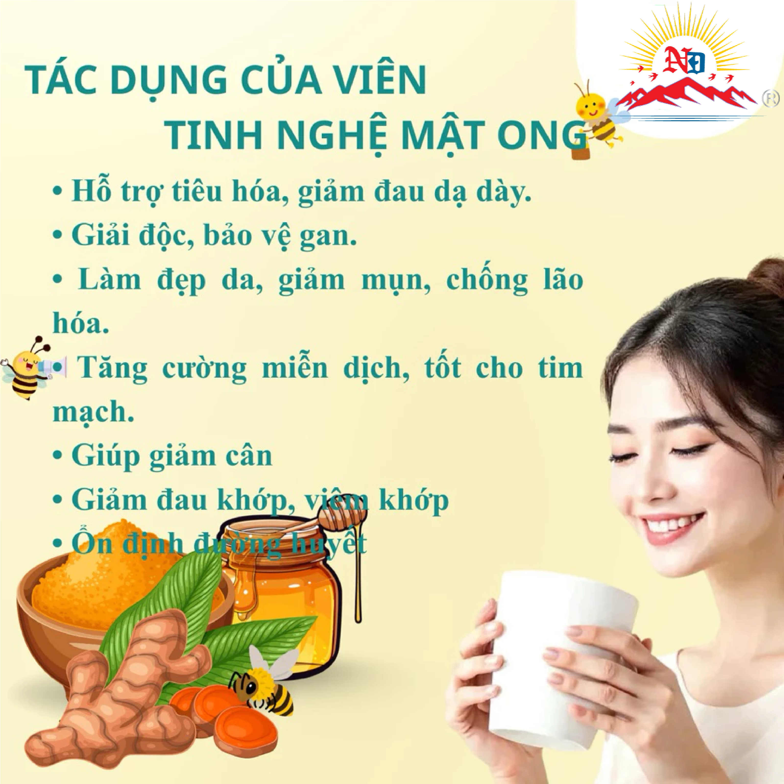 Viên Tinh Nghệ Mật Ong Rừng 500GR Giảm Đau Bao Tử Viêm Loét Dạ Dày, Làm Đẹp Da -Phụ nữ sau sinh