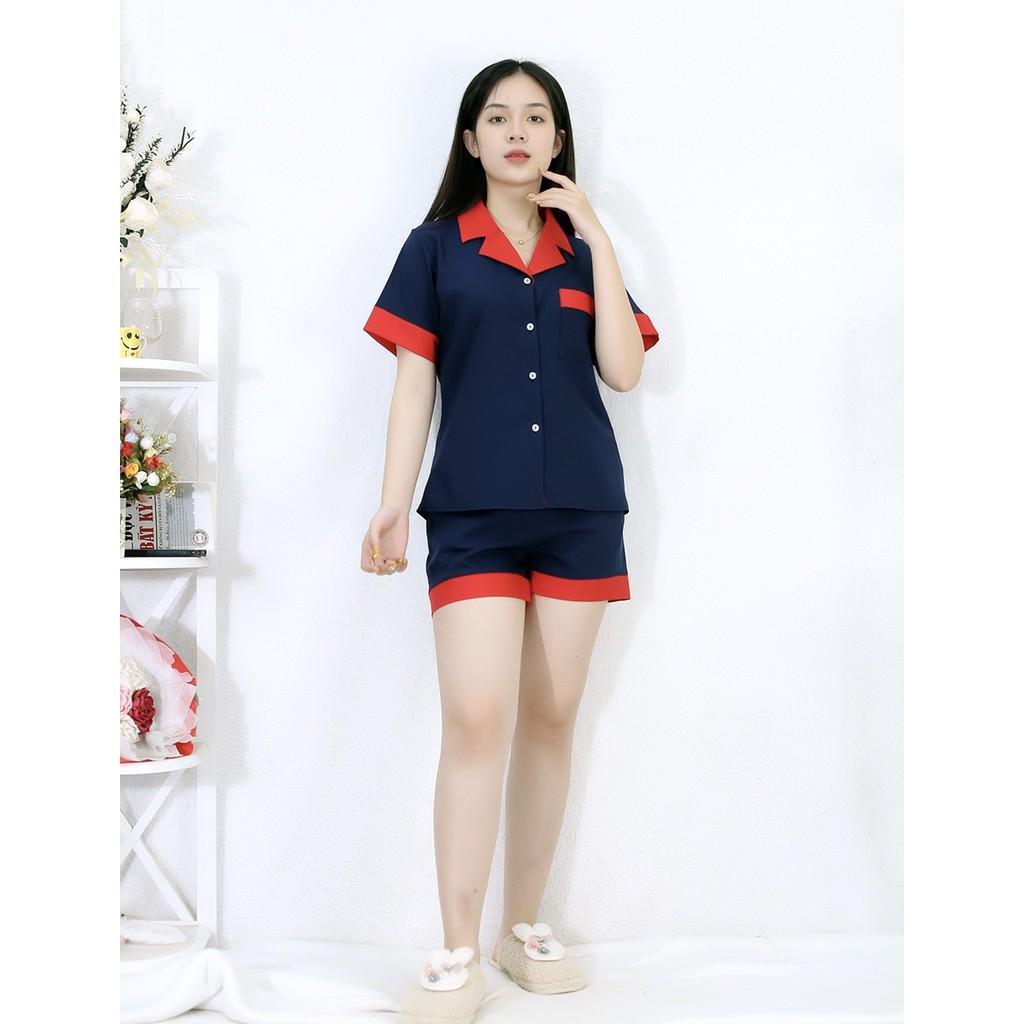 Bộ đồ Pijama ngắn mặc nhà MÀU XANH ĐEN PHA CỔ ĐỎ