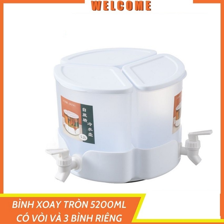 Bình đựng nước 3 ngăn riêng xoay tròn 360 kèm vòi - Bình nhựa cao cấp 5.2L tháo lắp đa năng để bàn và tủ lạnh gia đình