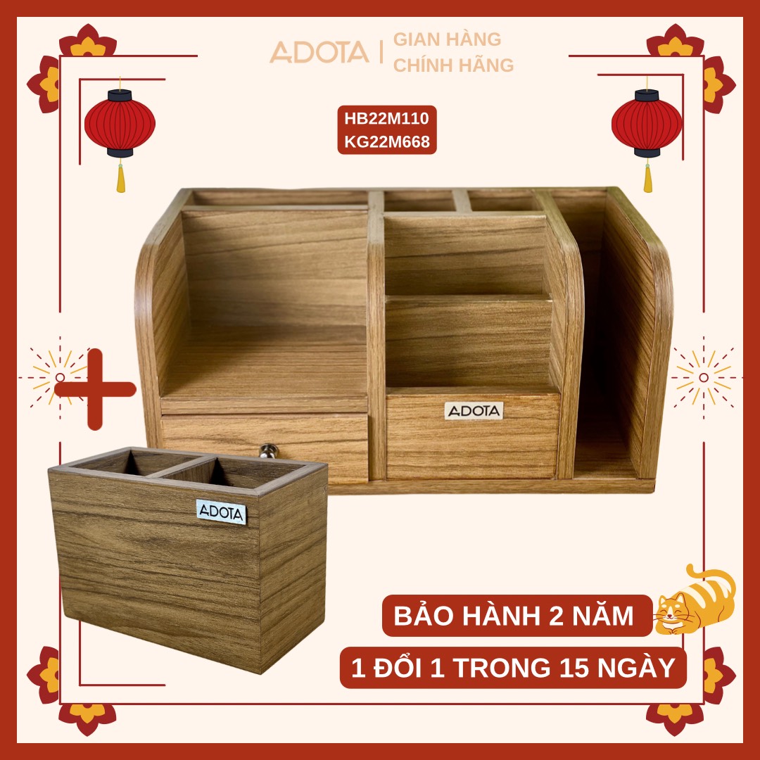 Combo: Kệ gỗ để bàn và hộp cắm bút đôi bằng gỗ để bàn làm việc cao cấp phong cách sang trọng ADOTA