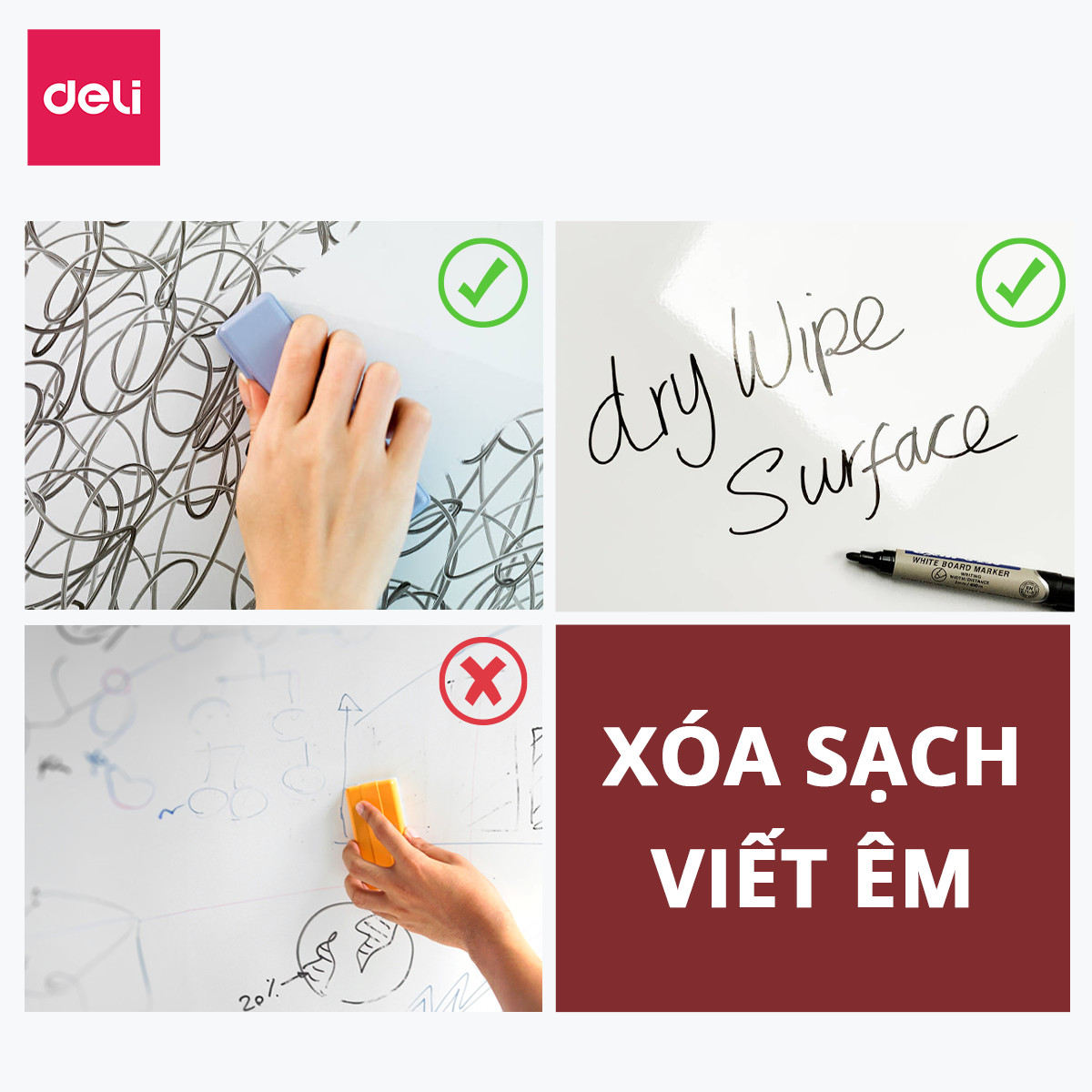 Bảng Từ Trắng Viết Bút Lông Deli - Bảng Mica Hít Nam Châm Nhiều Kích Cỡ - Có Khay Đựng - Phù Hợp Học Sinh Văn Phòng - EV450 / EV600 / EV900