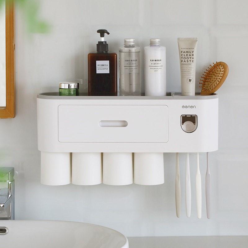 Kệ để bàn chải đánh răng, bộ nhả kem đánh răng tự động kèm cốc và miếng dán