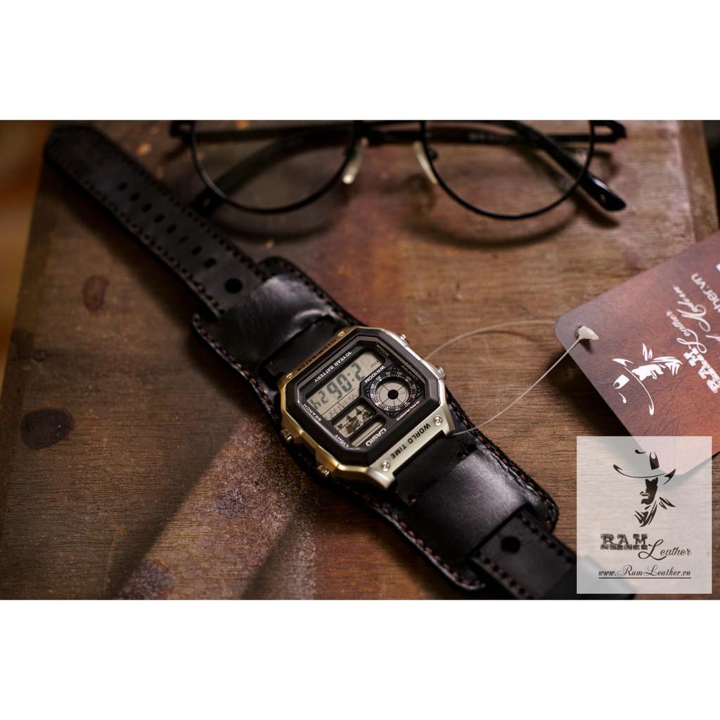 DÂY ĐỒNG HỒ DA BÒ ĐEN TUYỀN CHO CASIO AE1200 + B2 BUNDSTRAP