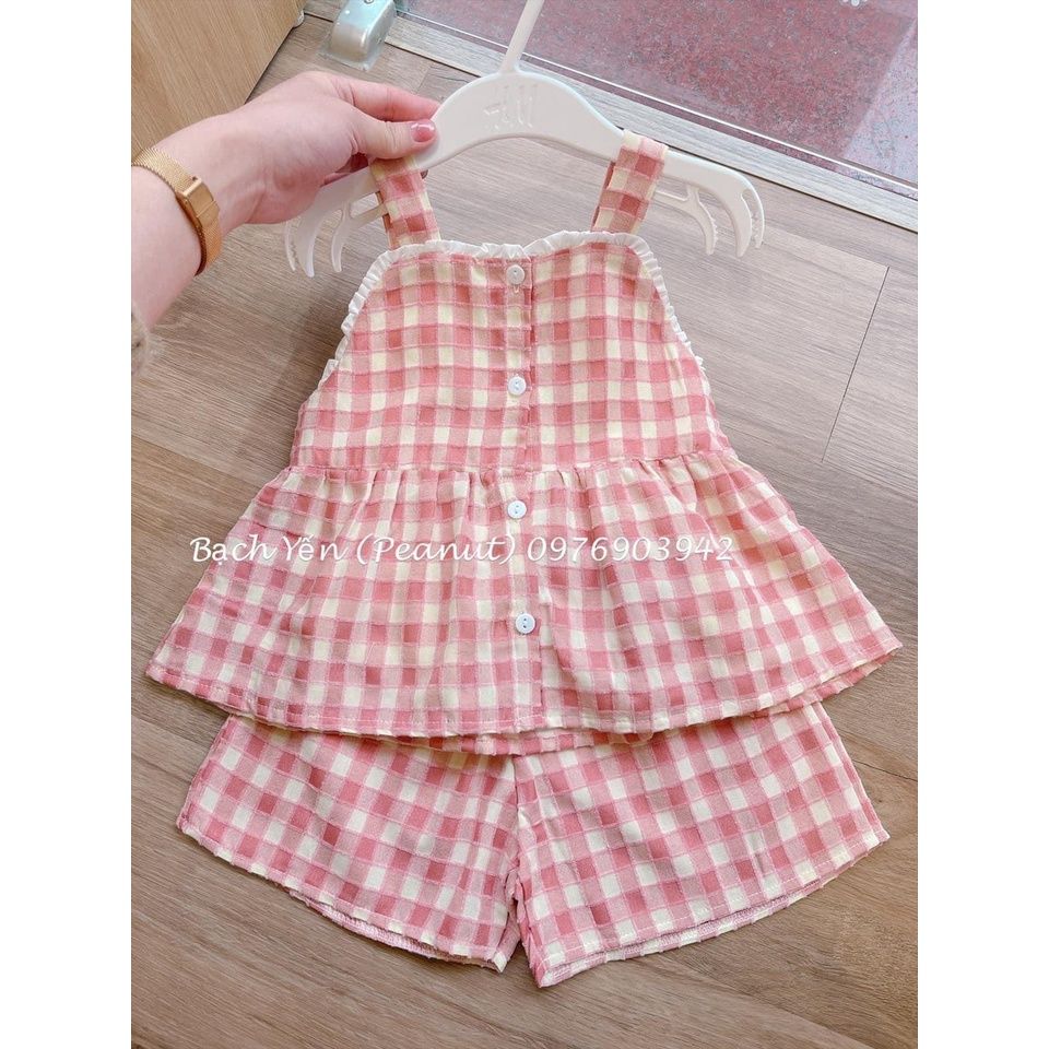 BỘ ĐỒ BÉ GÁI 2 DÂY KẺ CARO HỒNG