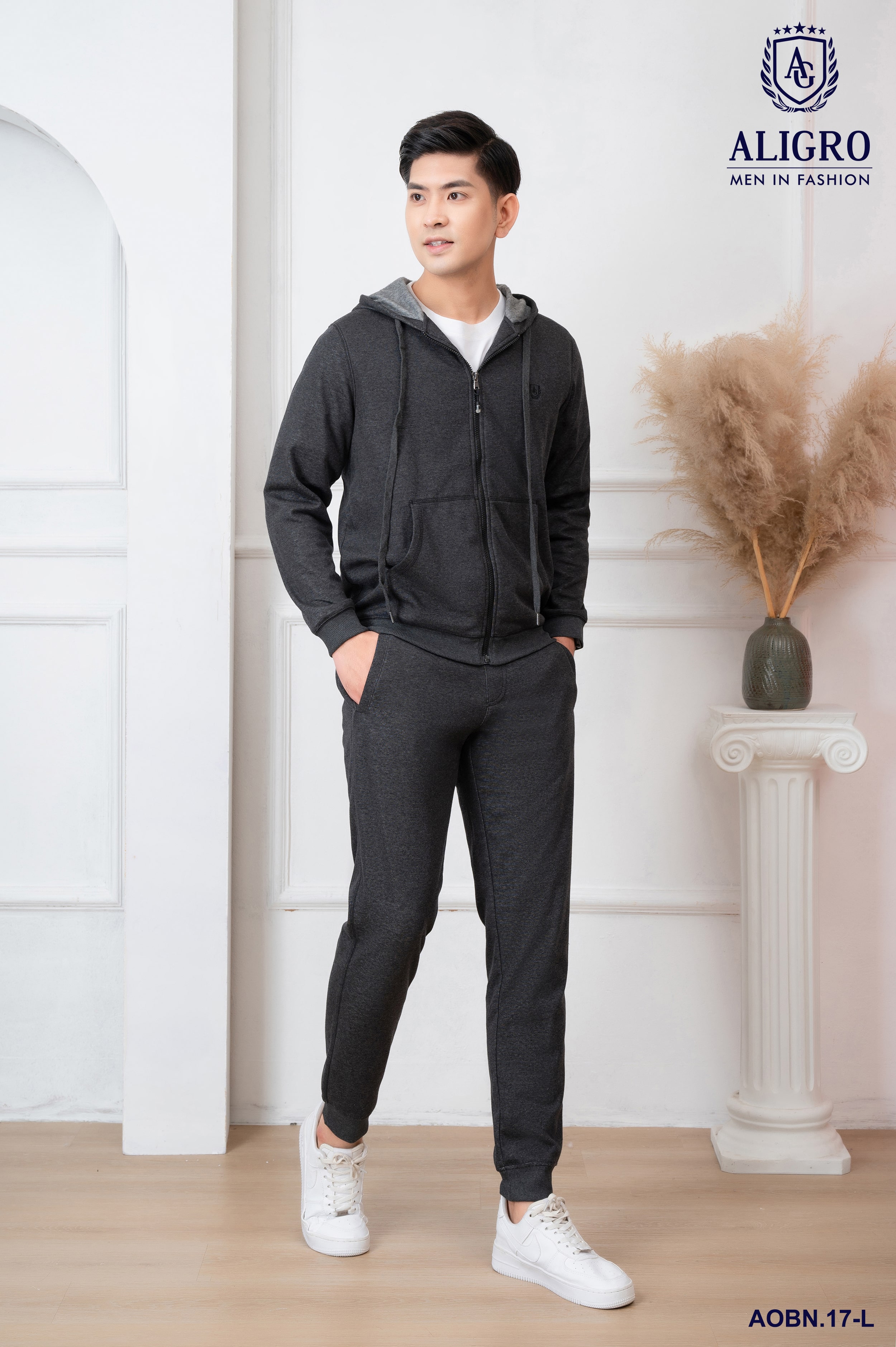 Bộ nỉ hoddie nam ALIGRO kéo khóa có mũ màu ghi đậm BN.17