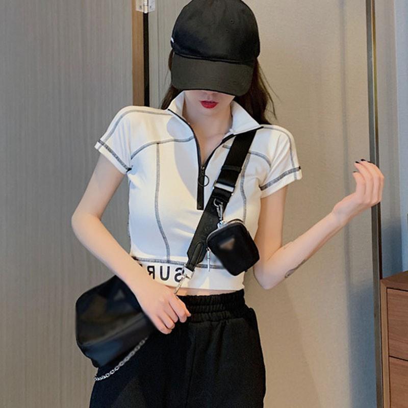 Áo Thun Dệt Kim Tay Ngắn Phối Khóa Kéo Cá Tính Dành Cho Nữ