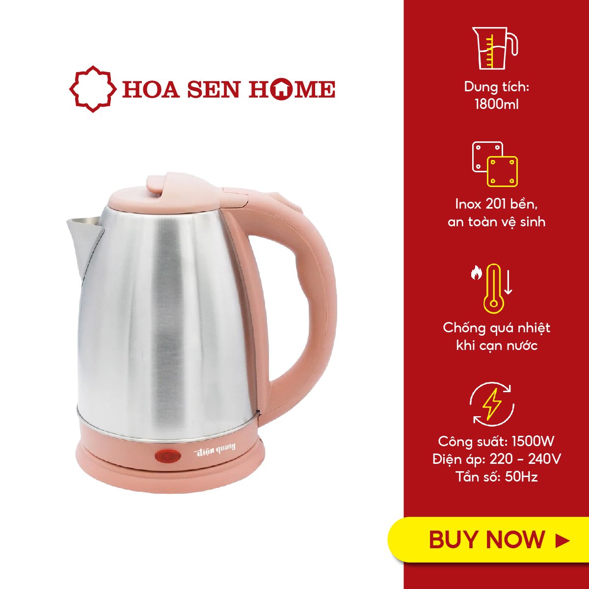 Ấm đun nước siêu tốc Điện Quang EKT06 1518 BL 1500W, 1.8L, inox 201, nhựa PP màu đen - Hoa Sen Home - Hàng chính hãng