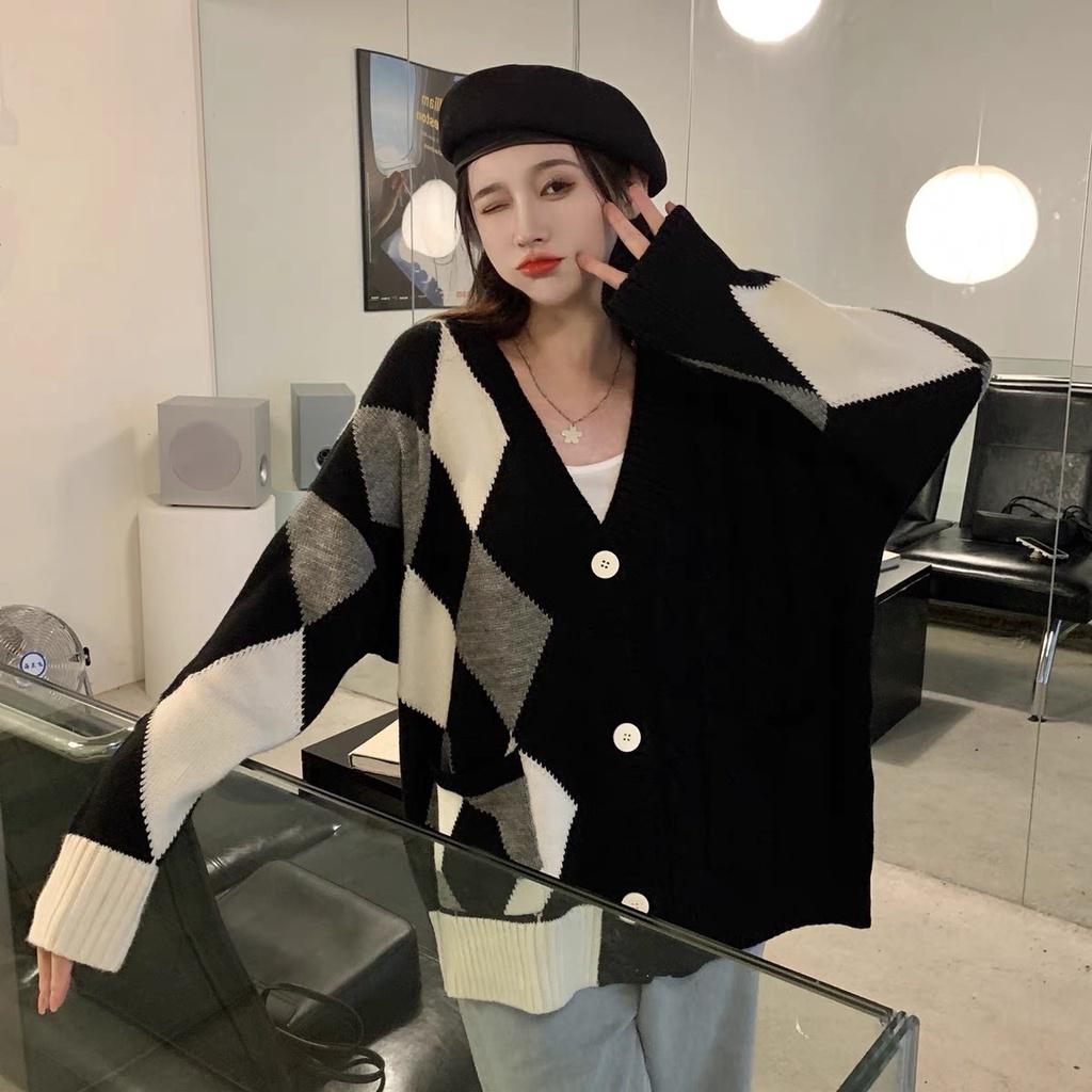 Áo khoác len cardigan nữ form rộng dáng dài dày dặn bigsize phối kẻ caro len thừng phong cách Ulzzang Hàn Quốc trẻ trung