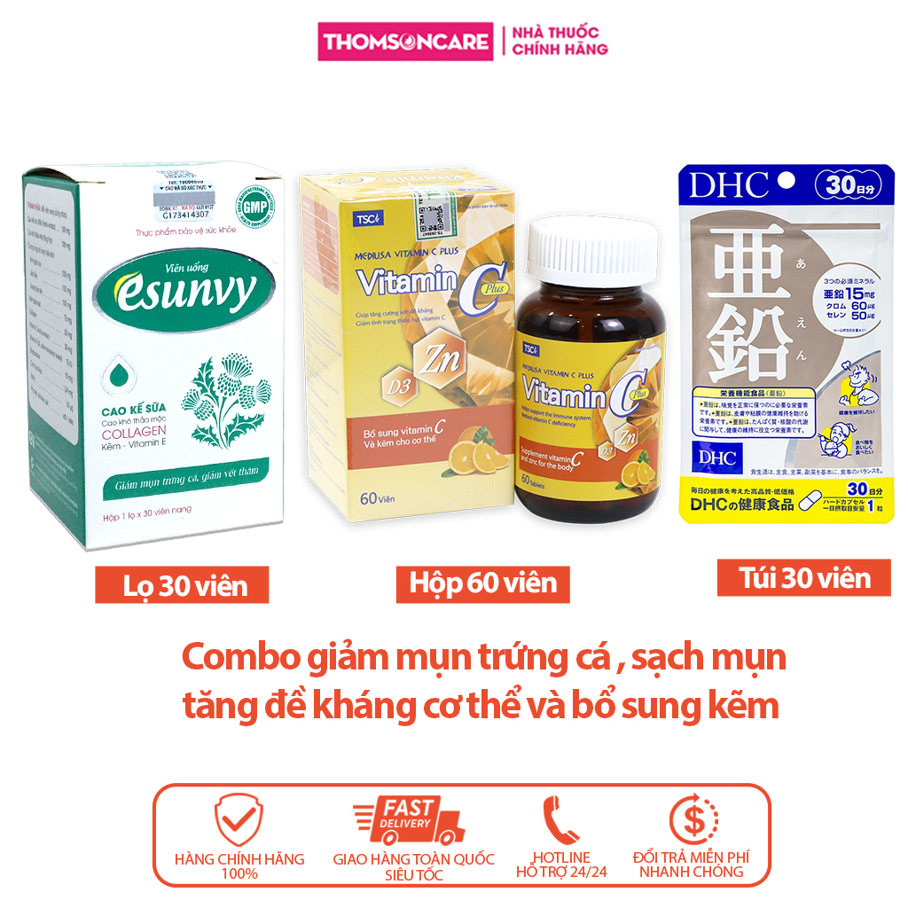 Combo giảm mụn trứng cá, nóng trong - viên Esunvy 30v, Vitamin C có kẽm 60v, DHC Kẽm 30v đẹp da - Giúp giảm mụn tăng đề kháng cơ thể , ngừa thâm ngừa mụn giảm các triệu chứng sạm da Thomsoncare