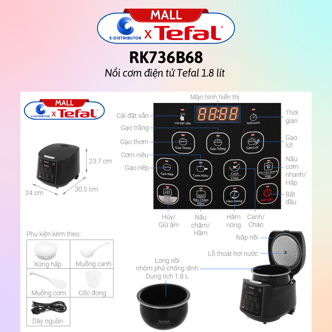 Nồi cơm điện tử Tefal 1.8 lít RK733168 / Nồi cơm điện tử Tefal 1.8 lít RK736B68  - Hàng chính hãng