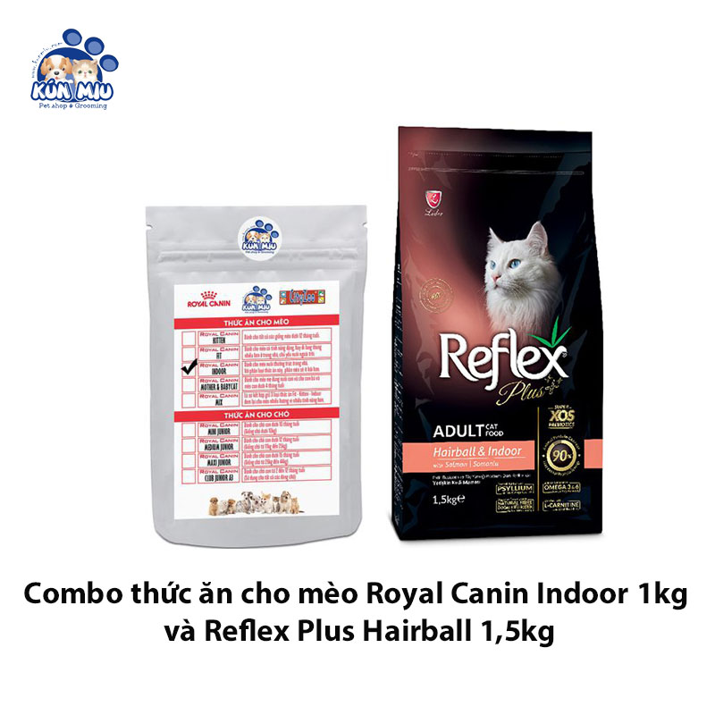 Combo thức ăn cho mèo trưởng thành giúp tiêu búi lông Royal Canin Indoor 1kg + Reflex Hairball 1.5kg