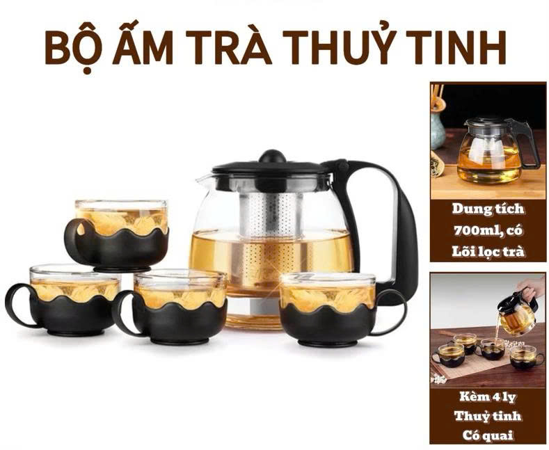 Bộ Bình Trà Thủy Tinh kèm Tách Lưới Lọc Inox 304 Không Gỉ- Tiện Lợi - Chính Hãng