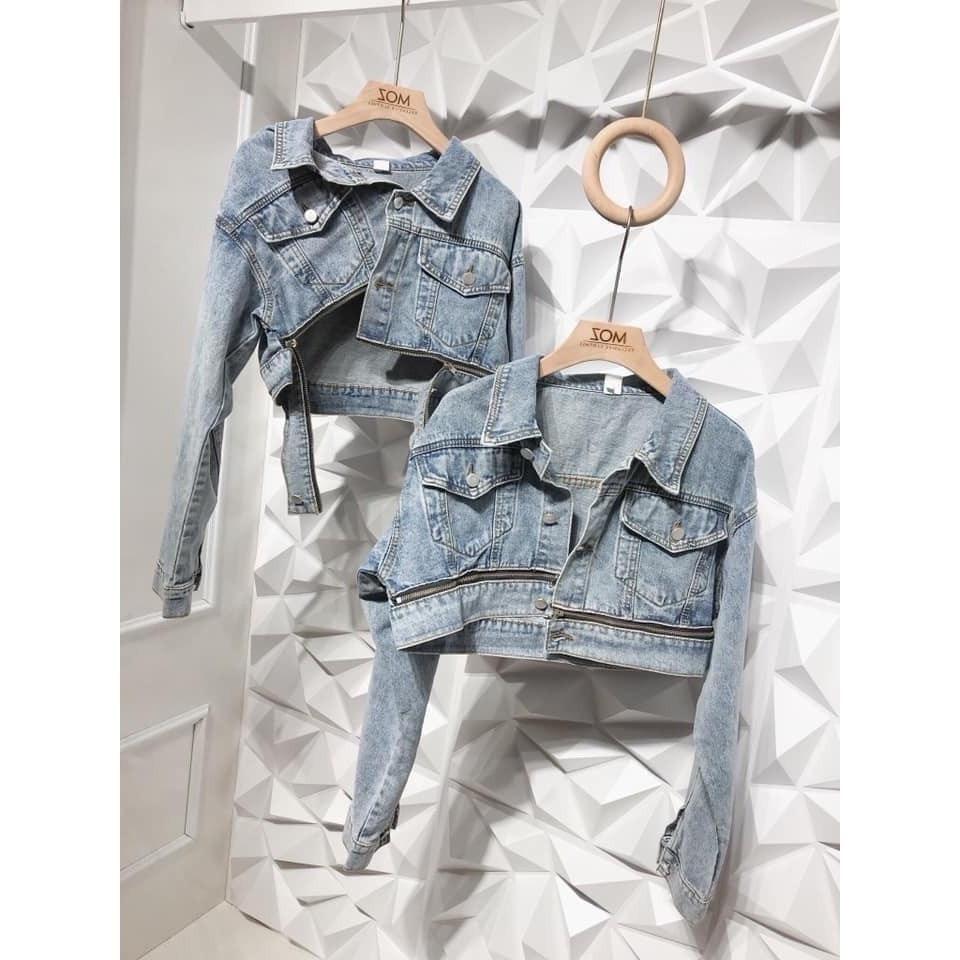 Áo khoác jean nữ lửng croptop HOTTREND phối dây kéo cao cấp- chất denim chuẫn hàng shop . MET SHOP